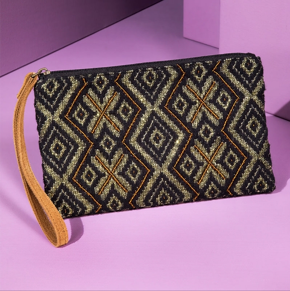 Handmade Hand Beaded Wristlet Clutch - Ethnic Inspired Design - Dyed Fine Cotton - Picture 2 of 7